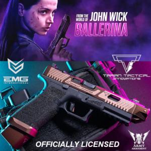 FROM THE WORLD OF JOHN WICK: BALLERINA - PISTOLET EMG TARAN TACTICAL INNOVATIONS GLOCK G17 LICENCE OFFICIELLE LIMITED EDITION TOUT METAL BRONZÉ AVEC RETOUR DE CULASSE (LICENSED TTI / ARMY ARMAMENT)