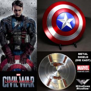 CAPTAIN AMERICA : CIVIL WAR - BOUCLIER OFFICIEL TOUT METAL + SUPPORT BOIS (MARVEL -WINDLASS STUDIOS)