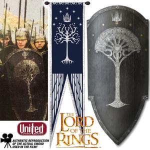 LOTR (LE SEIGNEUR DES ANNEAUX) - BOUCLIER DE L'ARMEE DU GONDOR & BANNIERE OFFICIELS LIMITED EDITION  NUMEROTE (SECOND AGE GONDORIAN WAR SHIELD - UNITED CUTLERY)