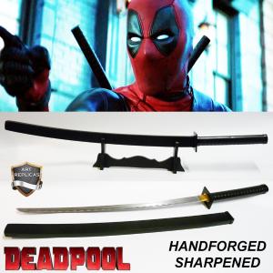 DEADPOOL - REPLIQUE SABRE KATANA LAME FORGE MAIN AFFUTEE TRANCHANT + SUPPORT BOIS (REPRODUCTION ART REPLICAS)