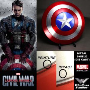 CAPTAIN AMERICA : CIVIL WAR - BOUCLIER OFFICIEL TOUT METAL + SUPPORT BOIS (ENDOMMAGE VENDU DANS L'ETAT - MARVEL -WINDLASS STUDIOS)