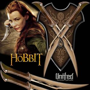 THE HOBBIT - DAGUES DE COMBAT DE TAURIEL OFFICIELLES + SUPPORT BOIS DELUXE (UNITED CUTLERY)