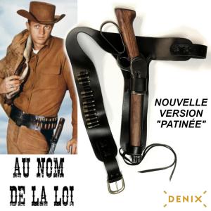 AU NOM DE LA LOI (STEVE MCQUEEN) - REPLIQUE FUSIL WINCHESTER 1892 MARE'S LEG, CEINTURE & HOLSTER JOSH RANDALL + CARTOUCHES (REPRODUCTION VERSION "PATINÉE" DENIX)