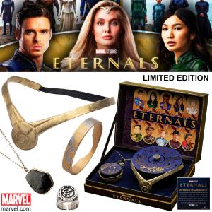 ETERNALS (LES ETERNELS) - SET REPLIQUE ECHELLE 1/1 TOUT METAL OFFICIEL LIMITED EDITION : TIARE THENA, BRACELET UNI-MIND, BAGUE BLACK KNIGHT & COLLIER SERSI (METAL REPLICA SET MARVEL ™ - SALESONE)