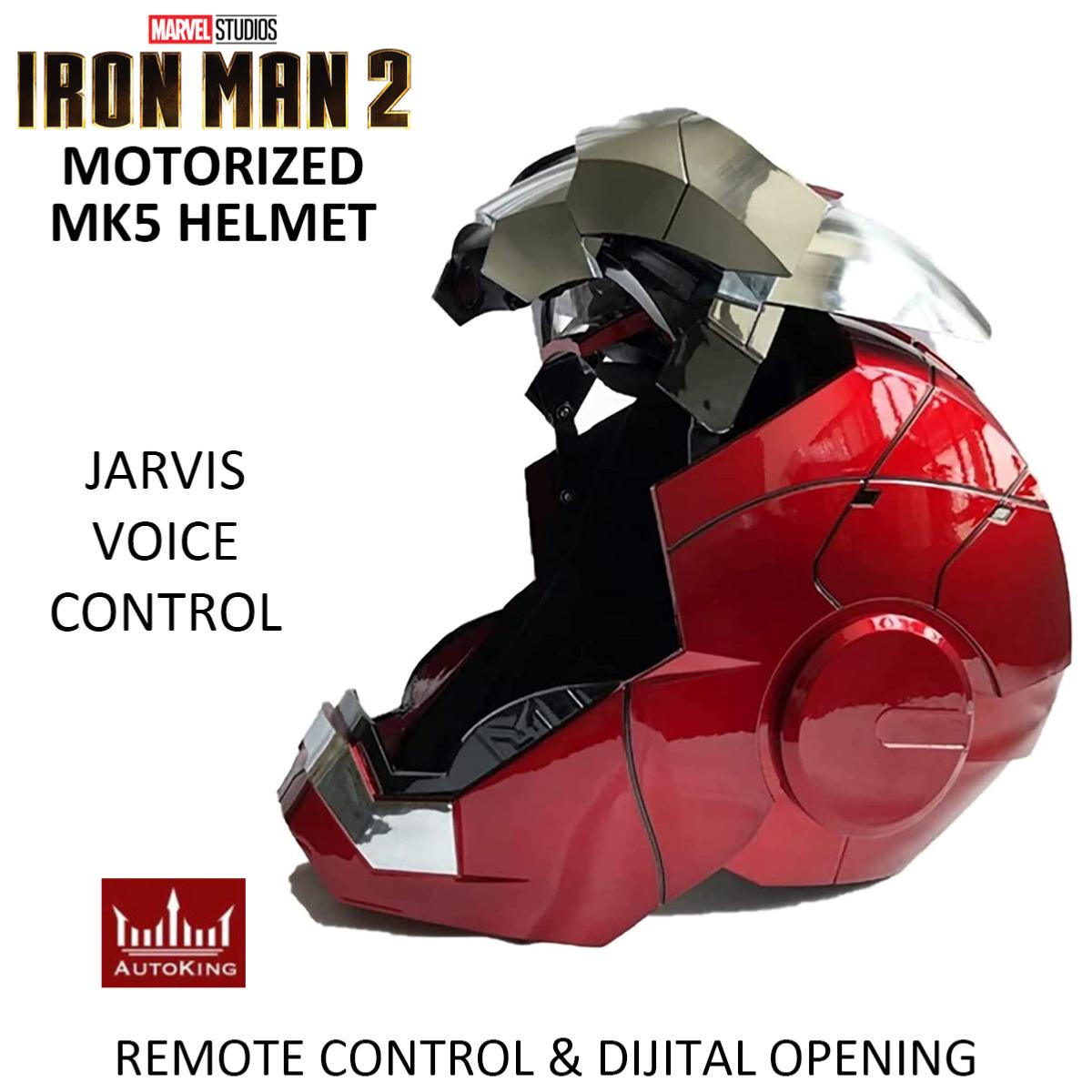 IRON MAN 2 - CASQUE INTEGRAL MARK V OFFICIEL OUVERTURE MOTORISEE, SON &  LEDS, AVEC COMMANDE VOCALE JARVIS + COMMANDE DIGITALE + TELECOMMANDE  (MARVEL