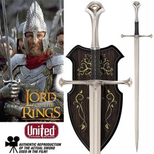 LOTR (LE SEIGNEUR DES ANNEAUX) - NARSIL, EPEE DU ROI ELENDIL OFFICIELLE PLAQUE OR 24 K + SUPPORT BOIS (UNITED CUTLERY)