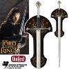 LOTR (LE SEIGNEUR DES ANNEAUX) - ANDURIL EPEE DU ROI ARAGORN ELESSAR OFFICIELLE PLAQUE OR 24 K + SUPPORT BOIS (UNITED CUTLERY BRANDS)