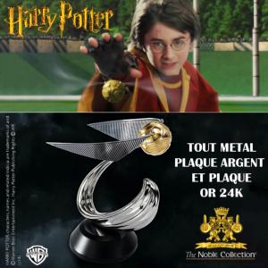 HARRY POTTER - VIF D'OR SCULPTURE OFFICIELLE PLAQUE ARGENT ET PLAQUE OR 24 CARATS TAILLE REELLE 1/1 AVEC SUPPORT BOIS DELUXE (WARNER BROS - NOBLE COLLECTION)