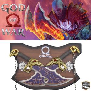 GOD OF WAR 2 - REPLIQUES 2 LAMES DU CHAOS DE KRATOS AVEC SUPPORT BOIS (BLADES OF CHAOS - REPRODUCTION ART REPLICAS)