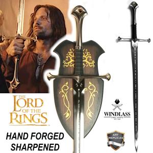LOTR (LE SEIGNEUR DES ANNEAUX) - ANDURIL REPLIQUE NON-OFFICIELLE EPEE DU ROI ARAGORN ELESSAR LAME "AFFUTEE " FORGE MAIN AVEC SUPPORT BOIS (REPRODUCTION ART REPLICAS / WINDLASS STEELCRAFTS)