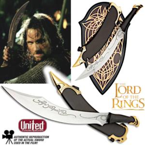 LOTR (LE SEIGNEUR DES ANNEAUX) - ARAGORN STRIDER RANGER DAGUE ELFIQUE, FOURREAU & SUPPORT BOIS OFFICIELS (UNITED CUTLERY BRANDS)