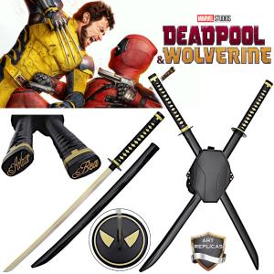 DEADPOOL 3 : DEADPOOL & WOLVERINE - REPLIQUE DOUBLE SABRES KATANA "ARTHUR & BEA" + HARNAIS DE TRANSPORT DORSAL (REPRODUCTION ART REPLICAS)