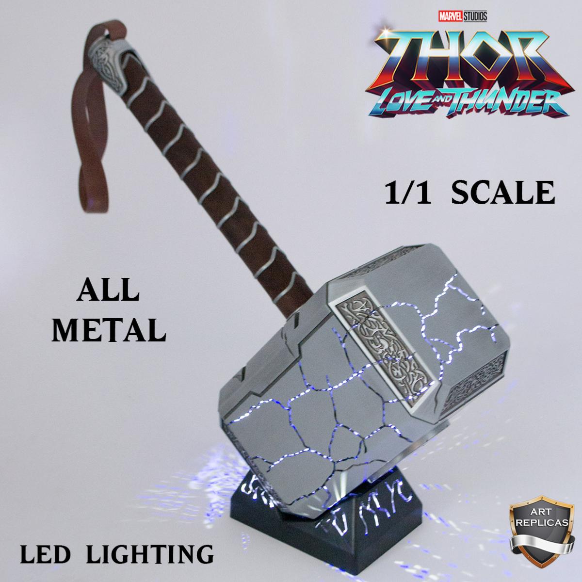 THOR LOVE AND THUNDER REPLIQUE MARTEAU BRISE TOUT METAL ECHELLE 1/1 AVEC SOCLE & ECLAIRAGE