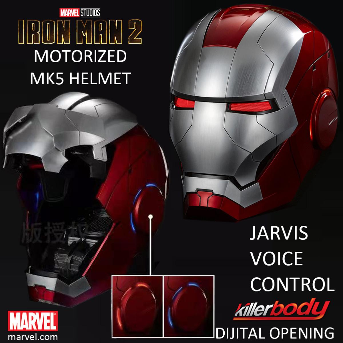 IRON MAN 2 - CASQUE INTEGRAL MARK V OFFICIEL OUVERTURE MOTORISEE, SON &  LEDS, AVEC COMMANDE VOCALE JARVIS + COMMANDE DIGITALE + TELECOMMANDE  (MARVEL