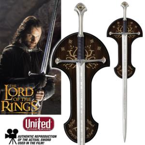 LOTR - ANDURIL EPEE DU ROI ARAGORN ELESSAR OFFICIELLE PLAQUE OR 24 K + SUPPORT BOIS (UNITED CUTLERY)